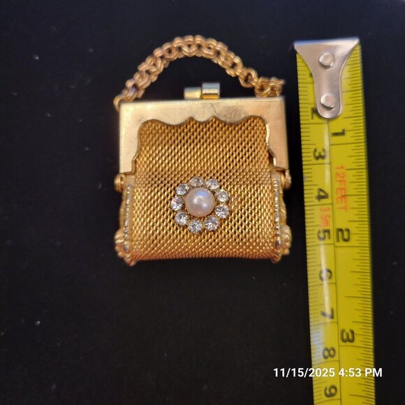 Mesh Purse Miniature Pill Coin Box Doll Gold Tone Jeweled Rhinestones 2" - Picture 8 of 9